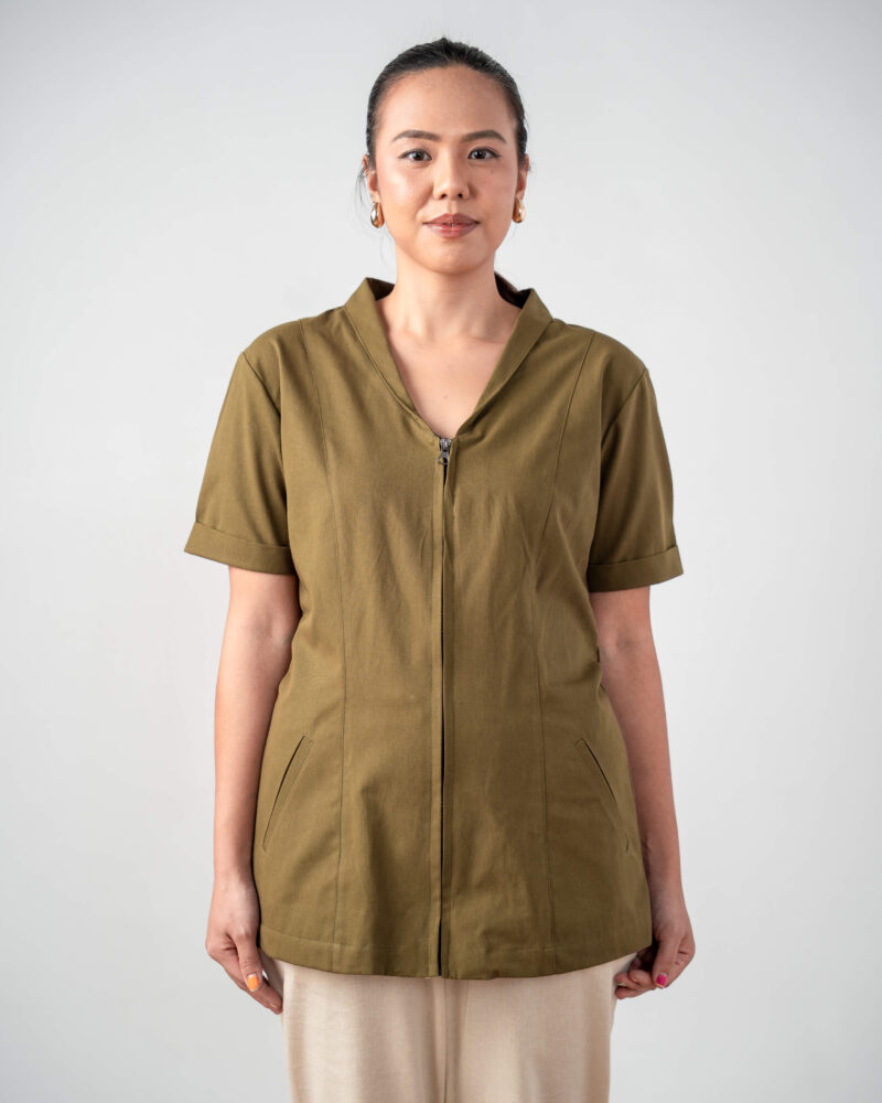Olive Zip-Front Spa Tunic