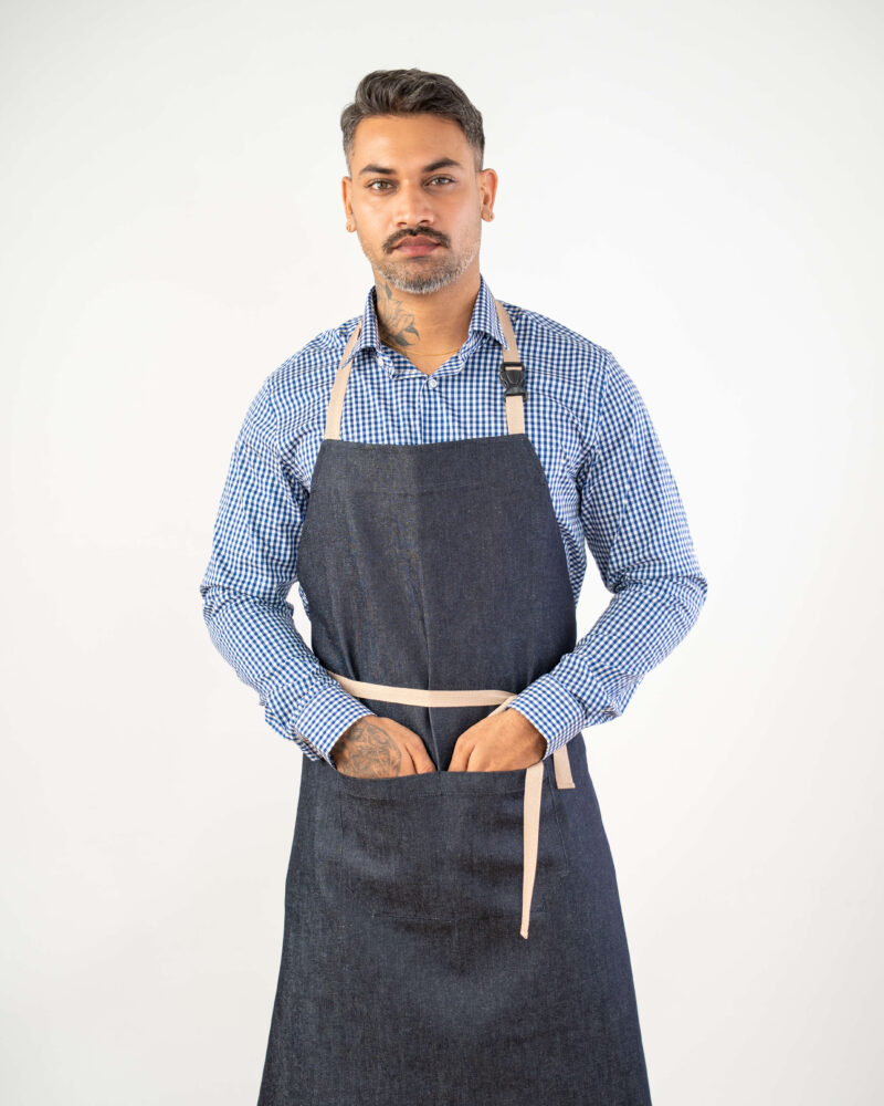 raw denim bib apron, tan buckle strap + ties