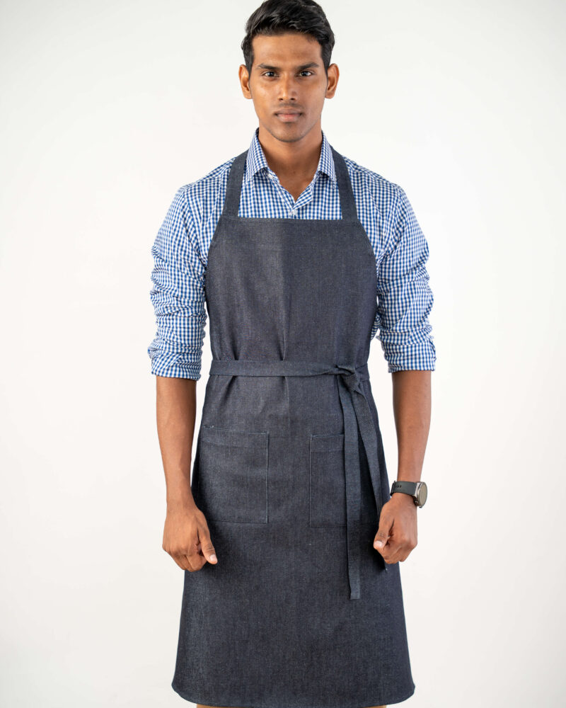 indigo denim bib apron, self-fabric ties, twin pockets