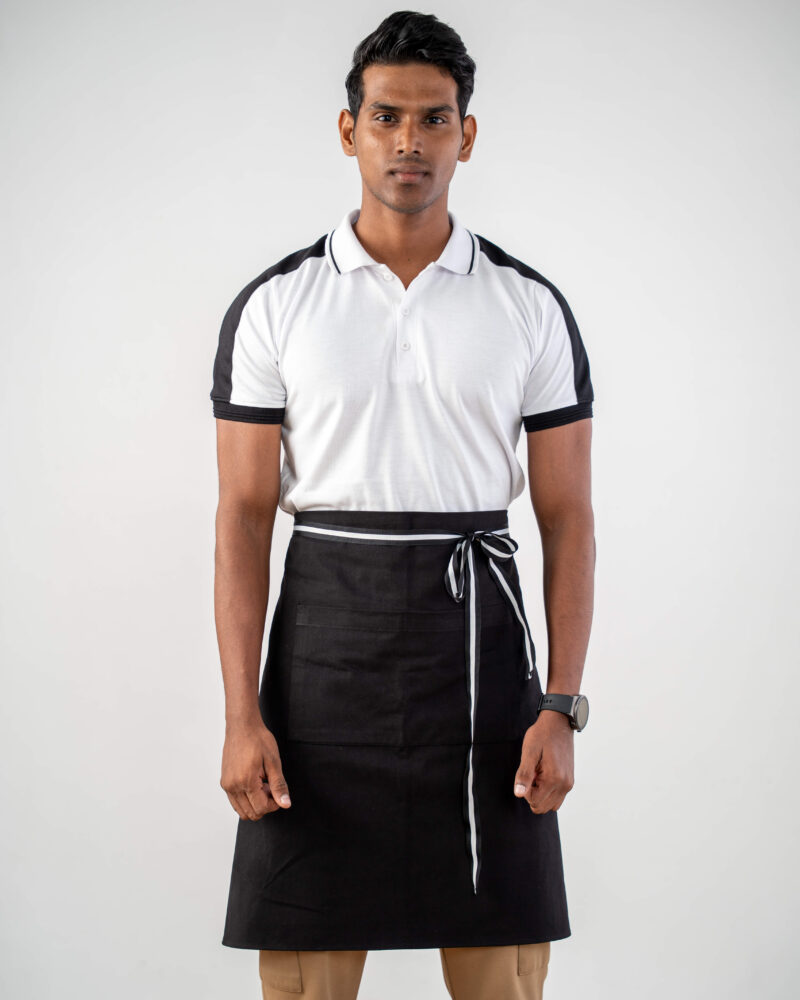 black mid-length waist apron, black-and-white striped ties