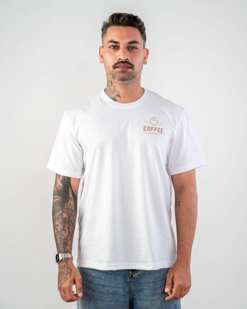 white crew-neck tee with printed chest logo