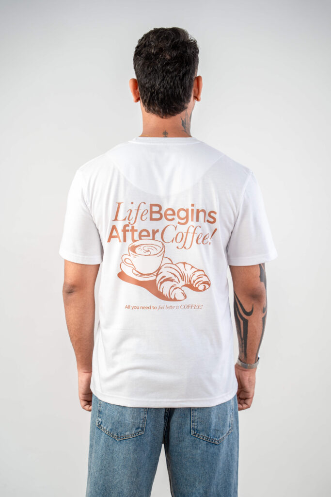 white crew-neck tee with printed back logo