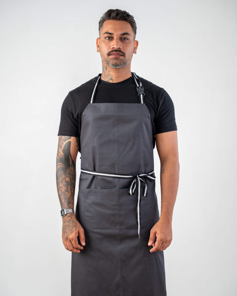 charcoal bib apron, adjustable buckle neck + striped ties